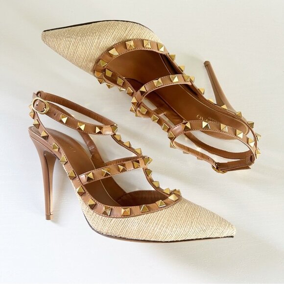 Valentino Garavani Rockstud Brown Leather Raffia Strappy Caged Heels - Picture 6 of 13